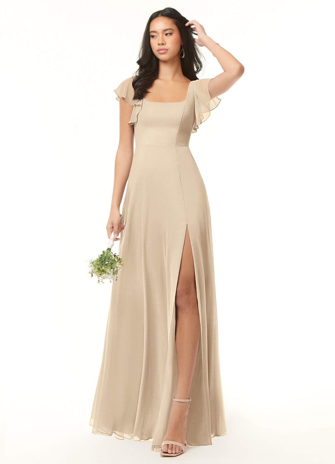 Azazie Bondi Bridesmaid Dresses Champagne A-Line Ruffled Chiffon Dress image1