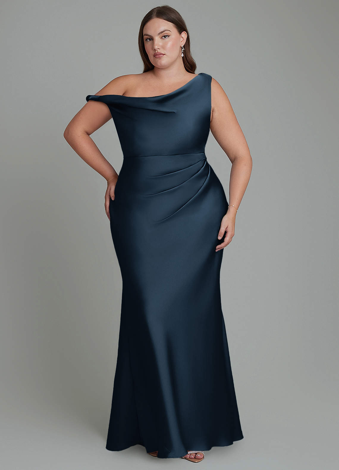 Azazie Emerson Bridesmaid Dresses Dark Navy Mermaid Off the Shoulder Stretch Satin Dress image7