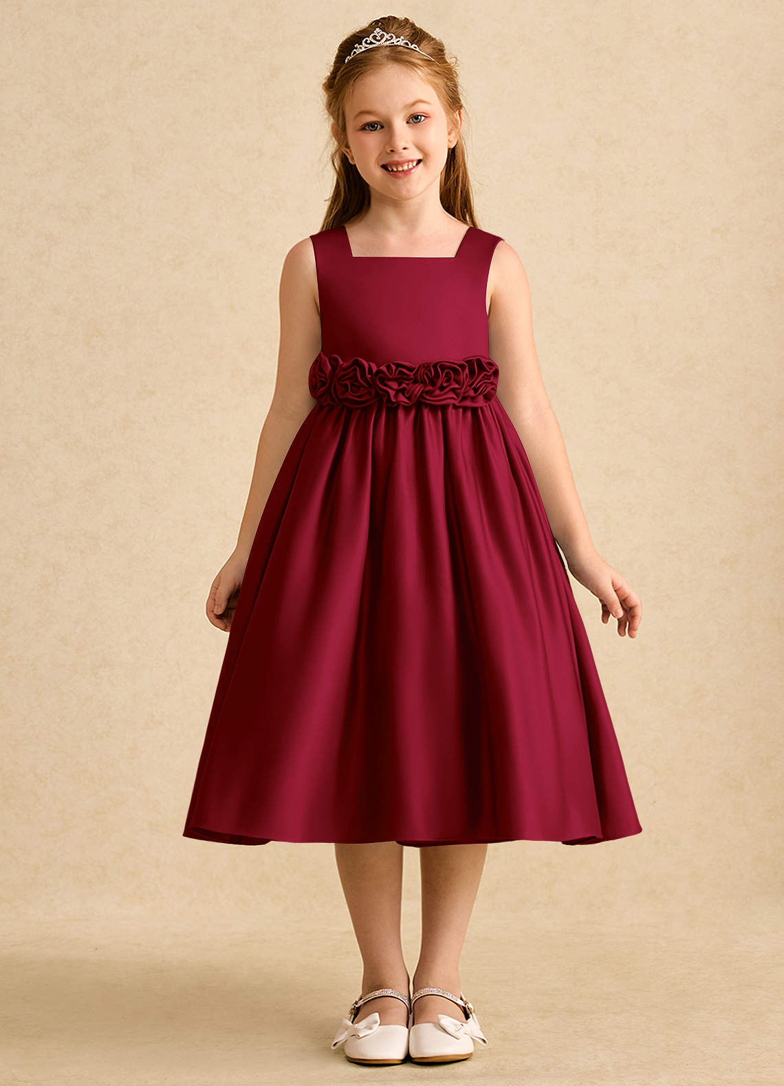 Azazie Peaches Flower Girl Dresses Burgundy A-Line Bow Matte Satin Dress image1