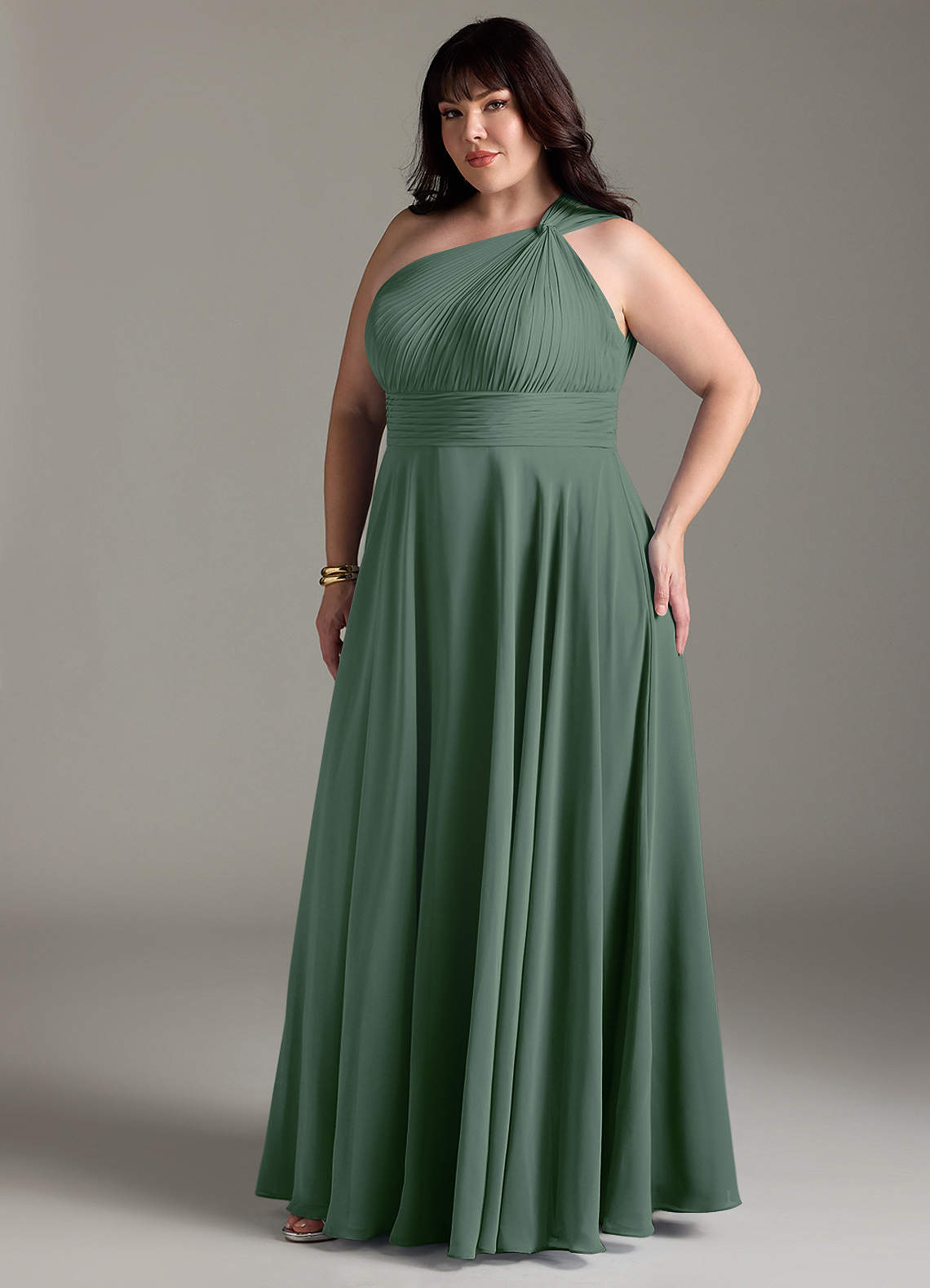 Azazie Charlize Bridesmaid Dresses Eucalyptus A-Line One Shoulder Chiffon Dress image10
