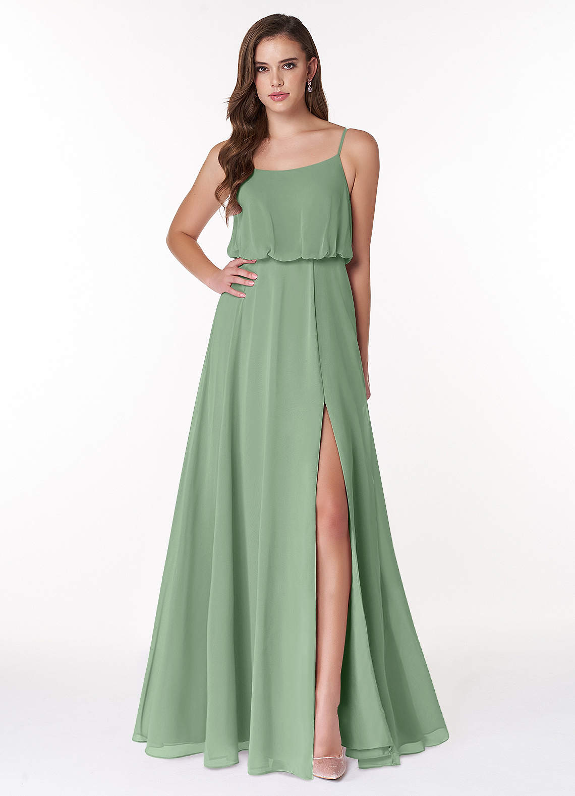Azazie Lupe Bridesmaid Dresses Matcha A-Line Scoop Blouson Chiffon Dress image1
