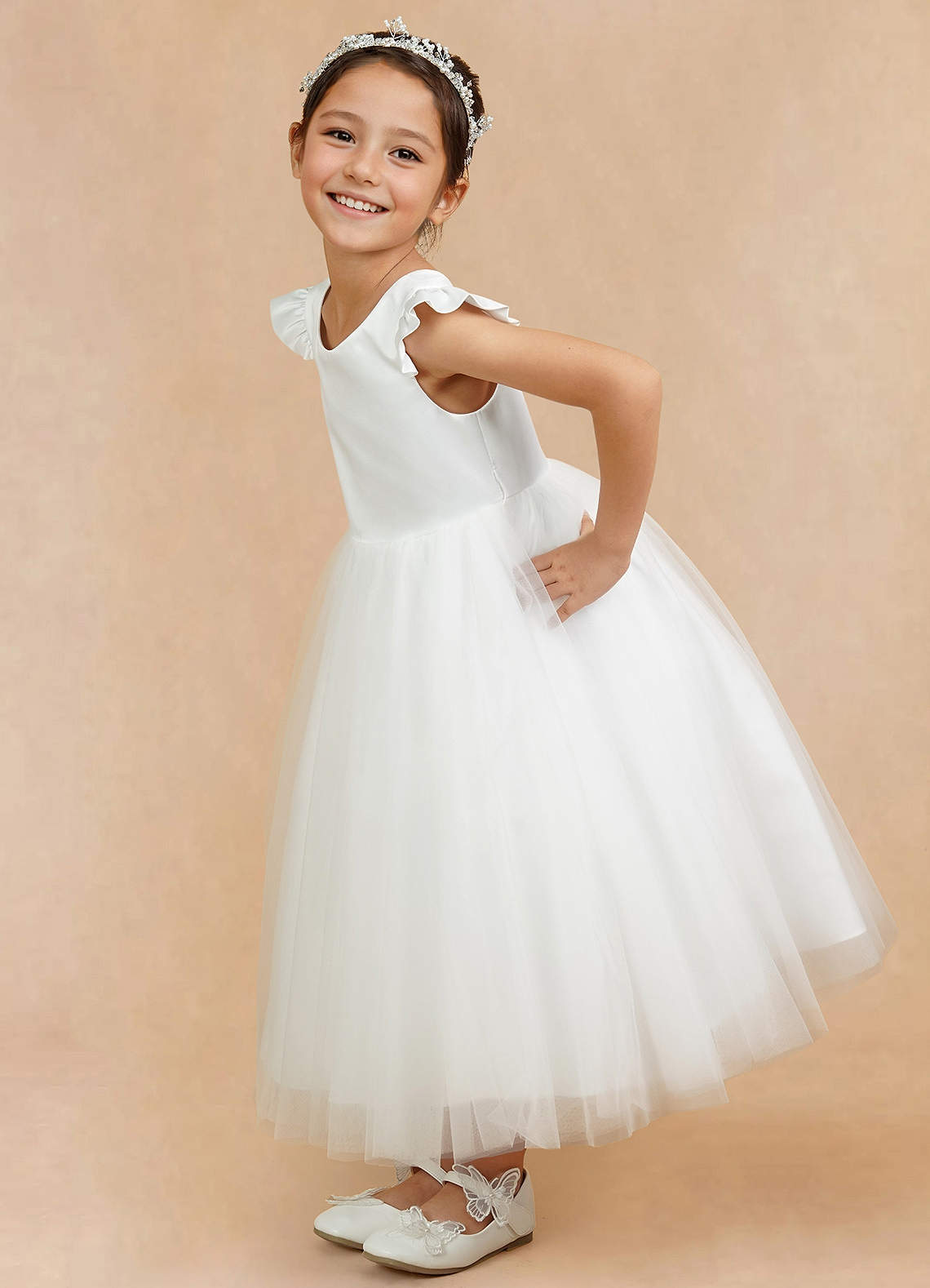 Azazie Hemi Flower Girl Dresses Ivory Champagne A-Line Bow Tulle Dress image7
