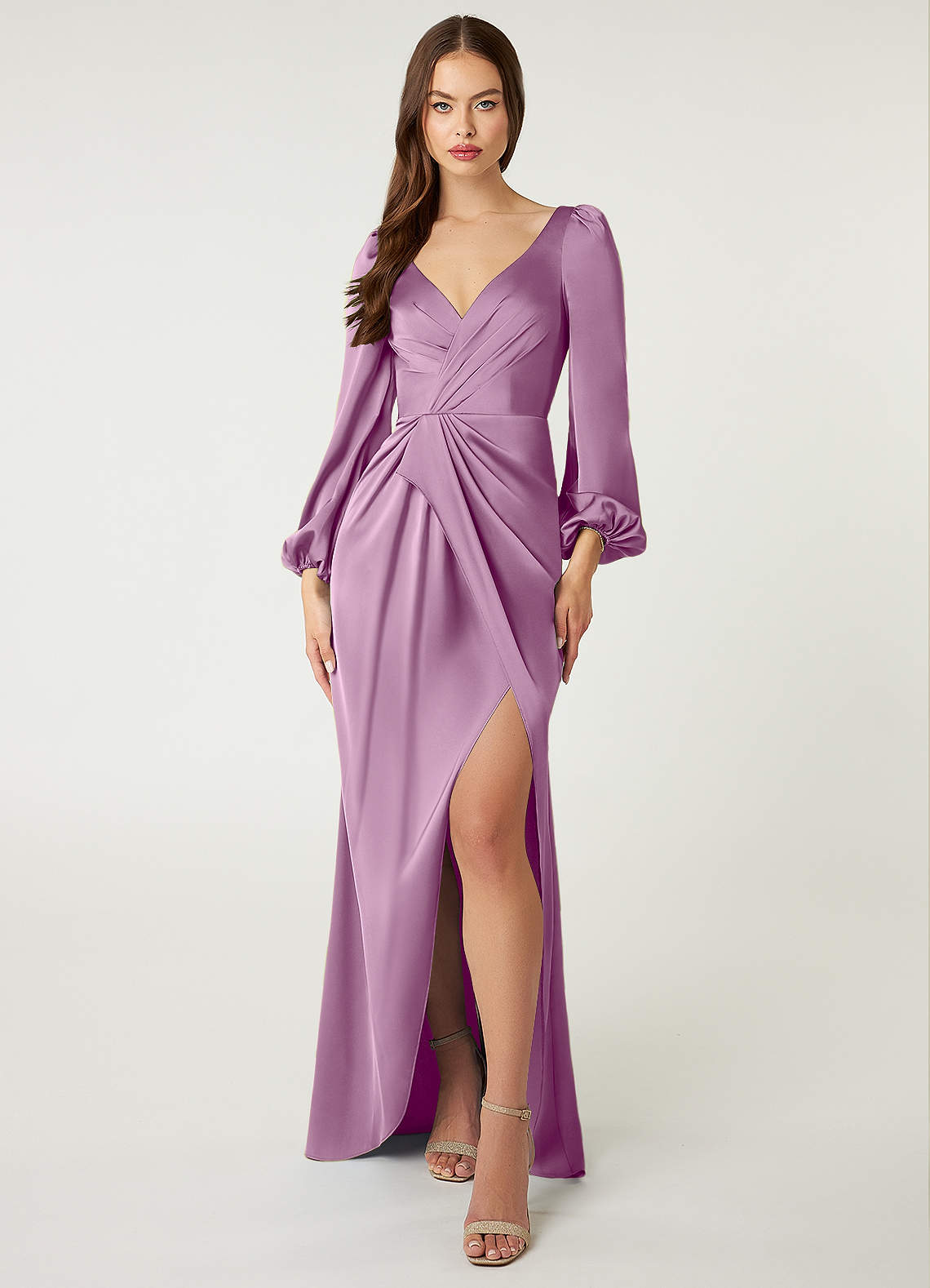 Azazie Mel Bridesmaid Dresses Wisteria Sheath Long Sleeve Stretch Satin Dress image1