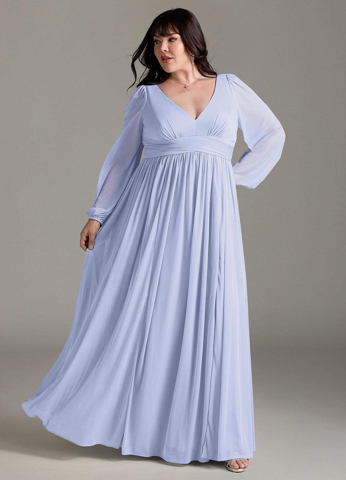 Azazie Norah Vestidos de damas de honor Vestido de Lavanda de Gasa de Corte en A con Manga larga con cuello en V image7
