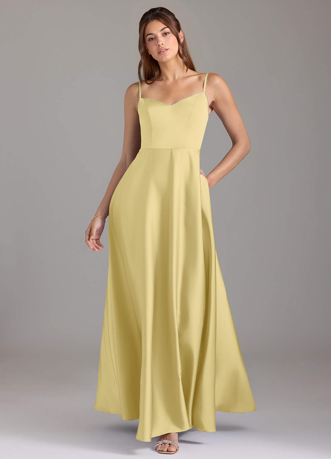 Azazie Marley Bridesmaid Dresses Lemon Sorbet A-Line Off the Shoulder Stretch Satin Convertible Dress image1