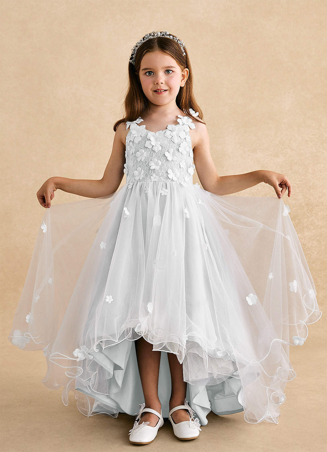 Azazie Celia Flower Girl Dresses Diamond White A-Line Lace Tulle Dress image3