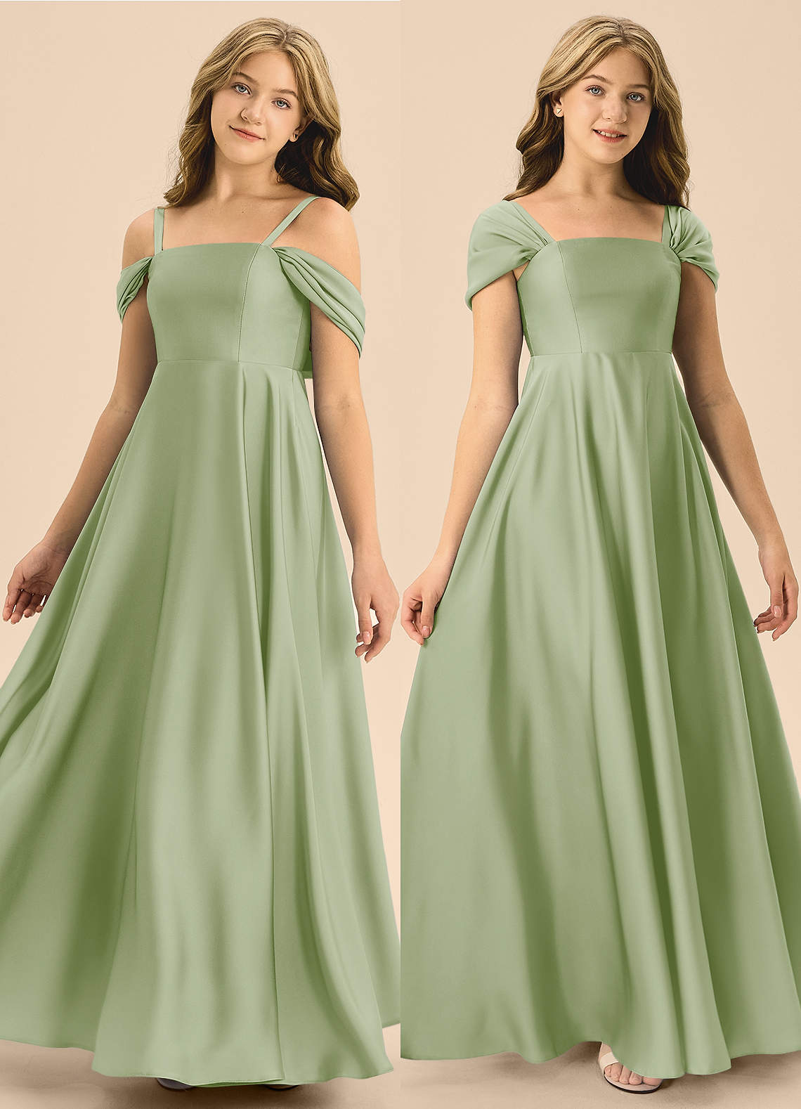 Azazie Rowena Junior Robe Trapèze en Satin extensible Arc Vert Sauge image1