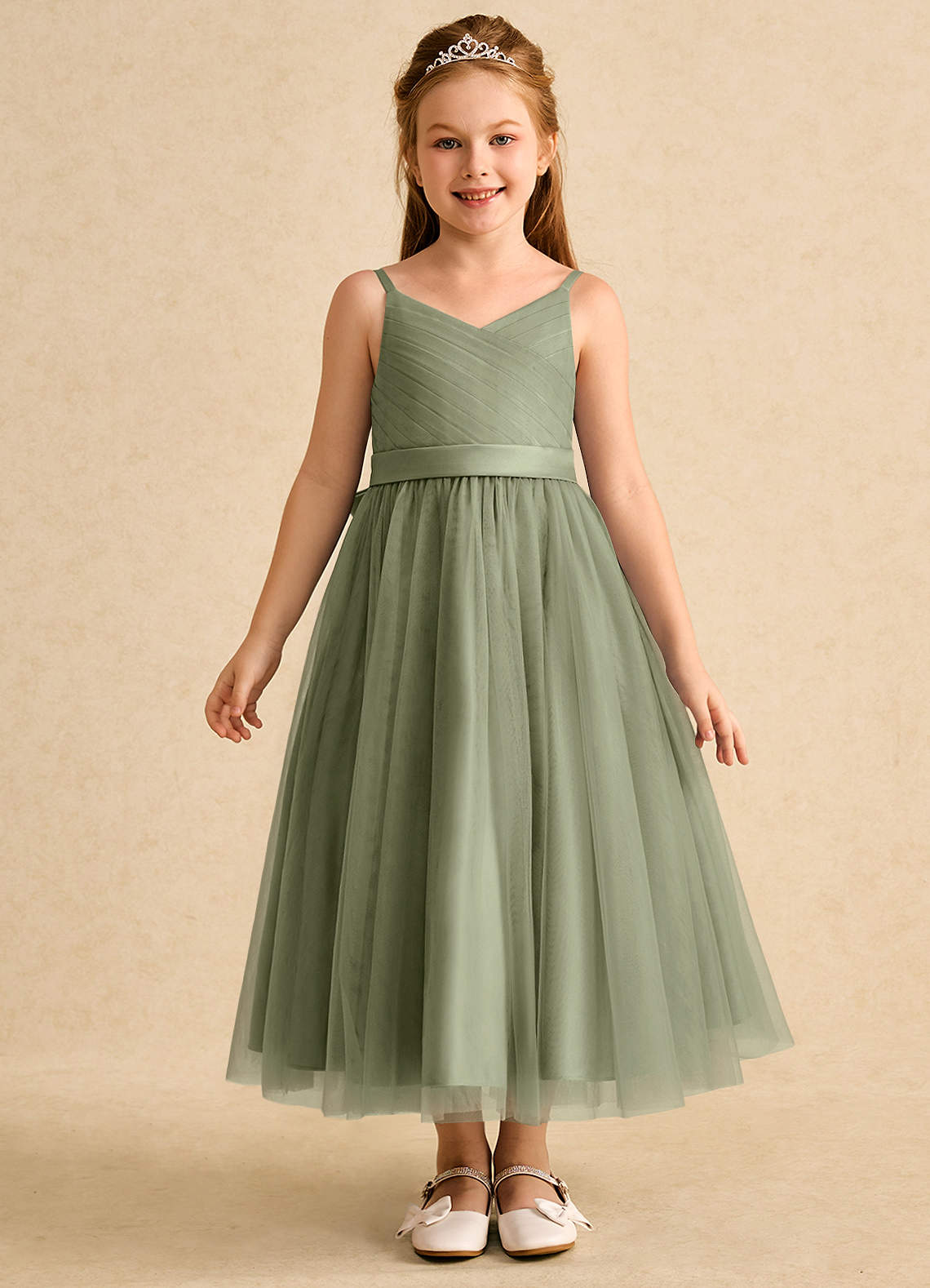 Azazie Patootie Flower Girl Dresses Pistachio A-Line Spaghetti Strap Tulle Dress image1