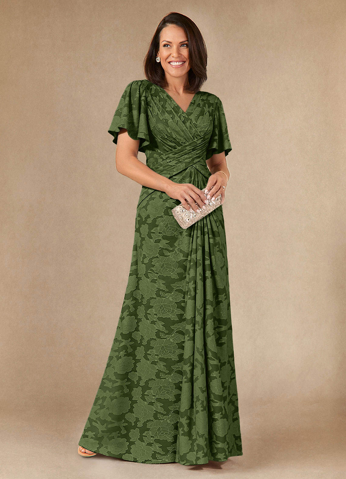 slim fit dress slacks Berrylush Women Olive Green & White Floral Printed V-Neck Front Button main image 1