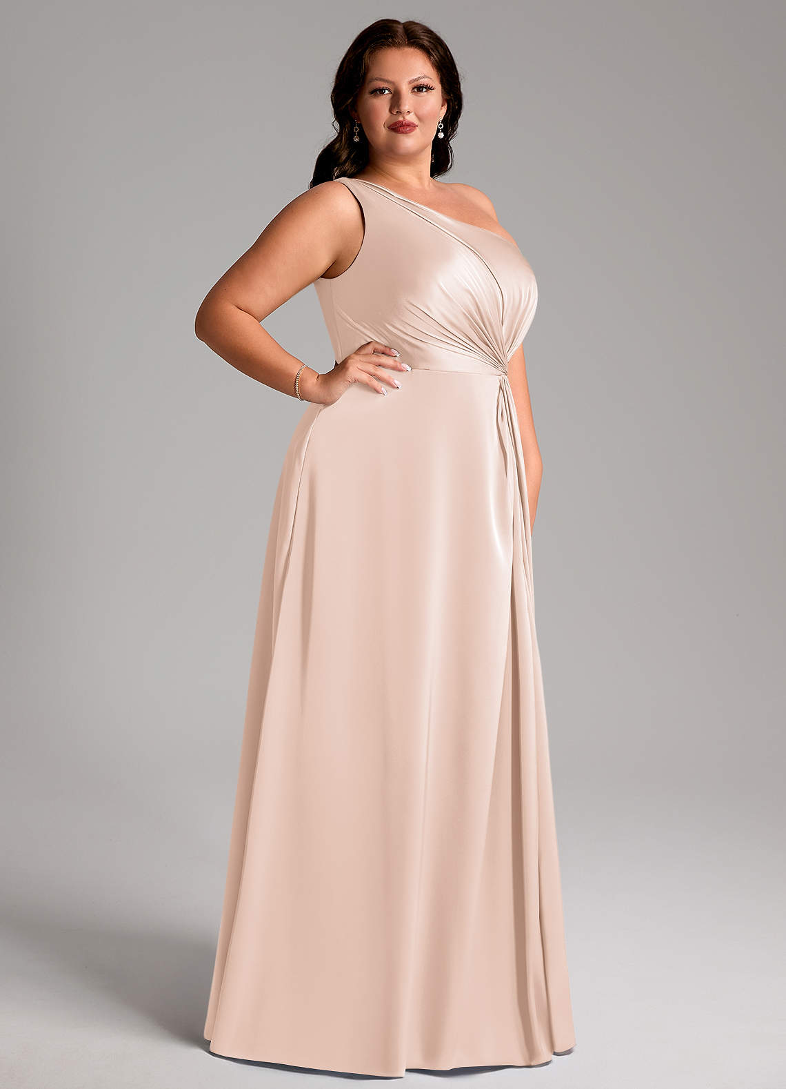Azazie Brooke Vestidos de madrinha de casamento Vestido Rosa Corado de Cetim elástico de Linha A com Um ombro image9