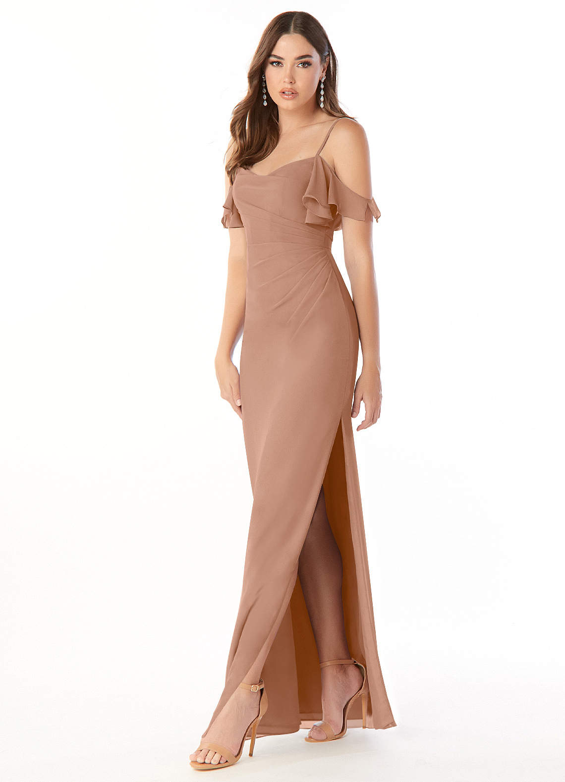 Azazie Emeralda Bridesmaid Dresses Champagne Rose Sheath Off the Shoulder Chiffon Dress image1
