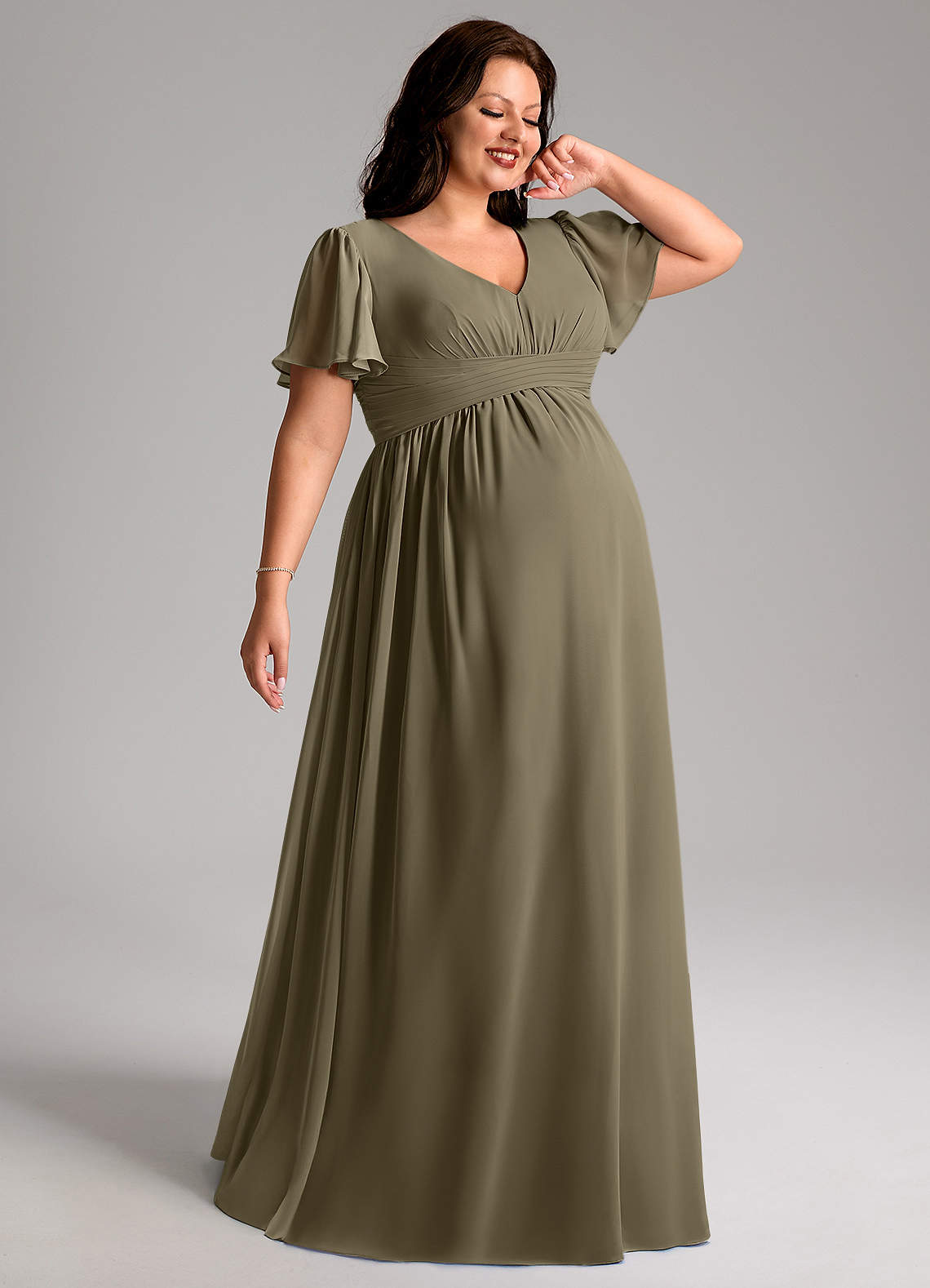 Azazie Verna Maternity Bridesmaid Dresses A-Line V-Neck Ruched Chiffon Floor-Length Dress image1