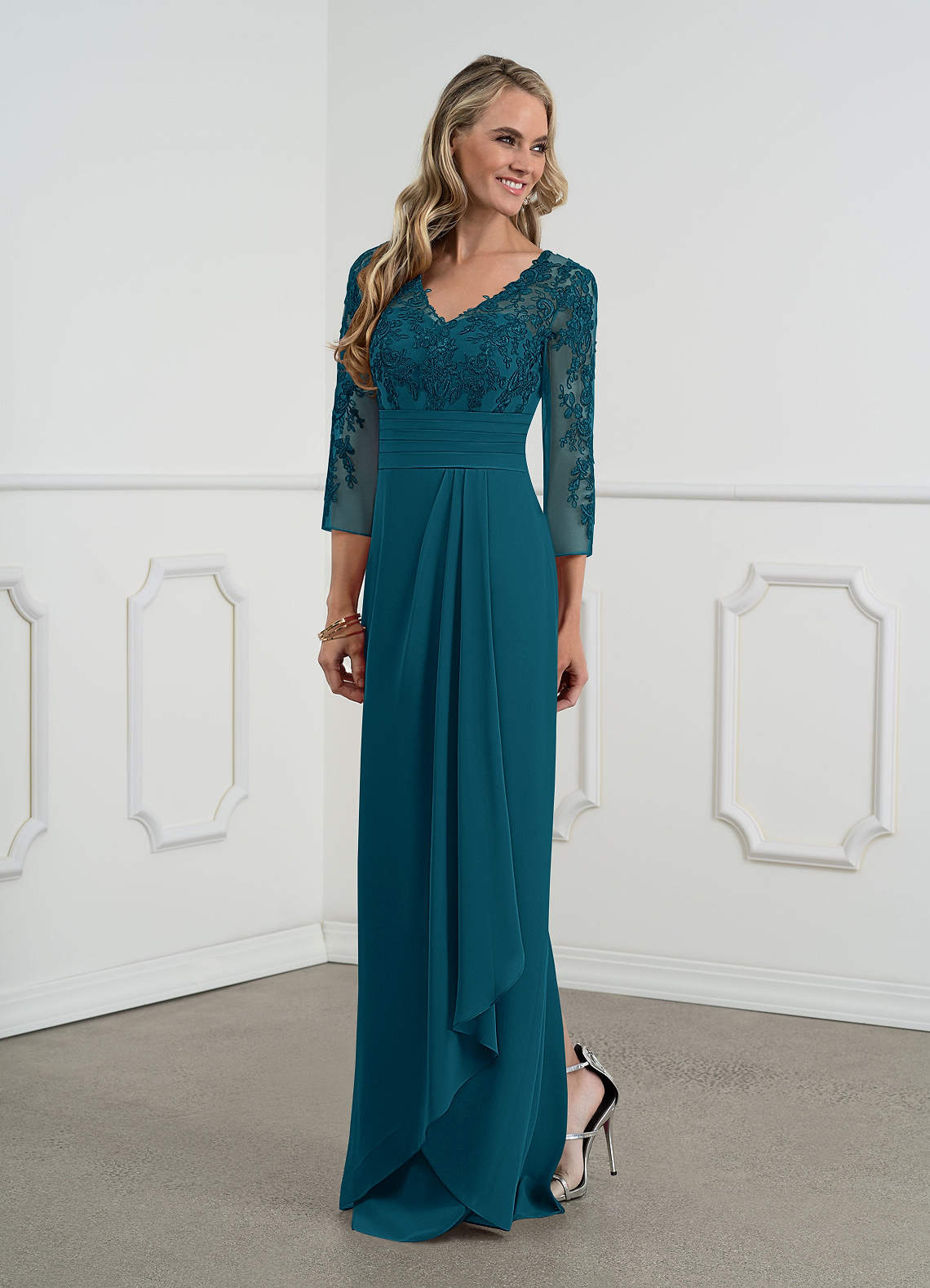 Blue Sweetheart Neck Lace Chiffon Floor Length Dress