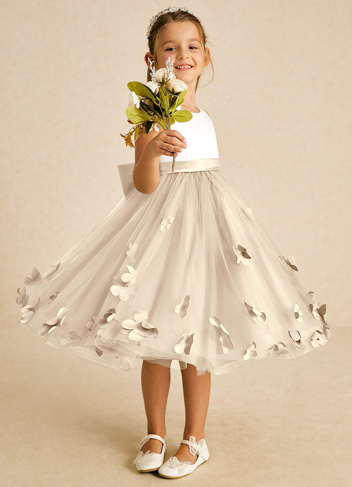 Azazie Sprout Flower Girl Dresses Champagne A-Line Bow Tulle Dress image1