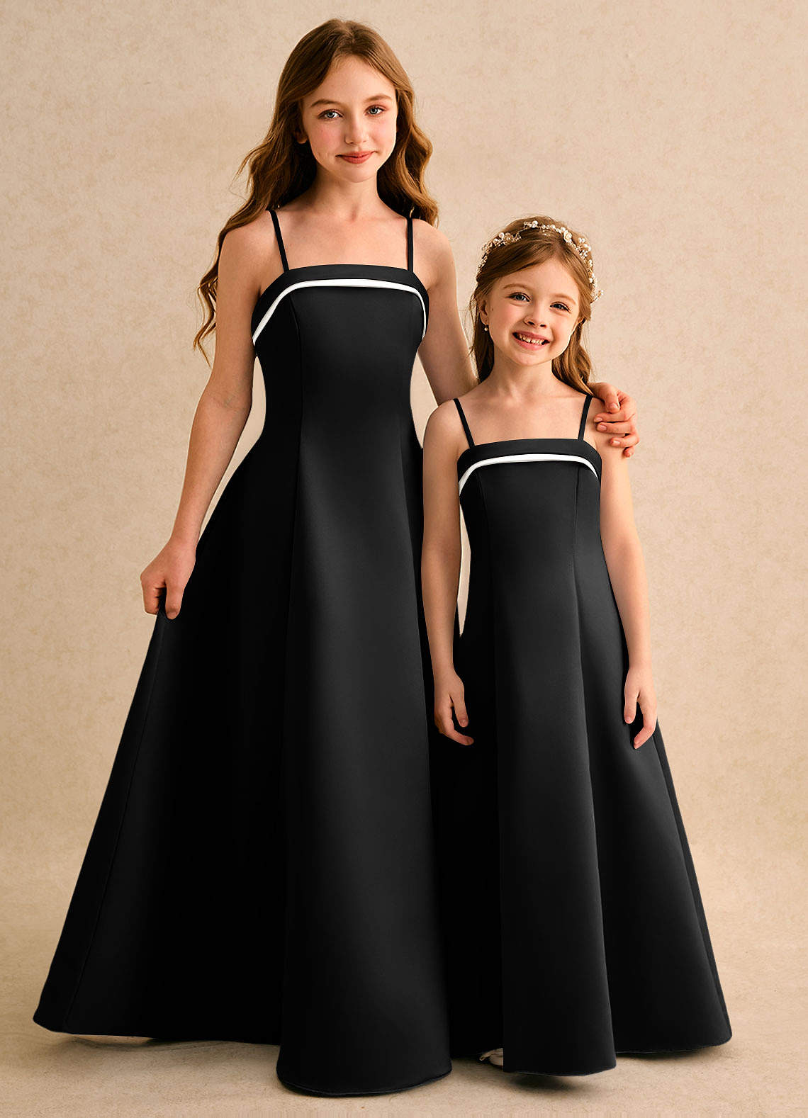 Azazie Izel Junior Formal Flower Girl Dresses Ivory Black A-Line Pleated Matte Satin Dress image1