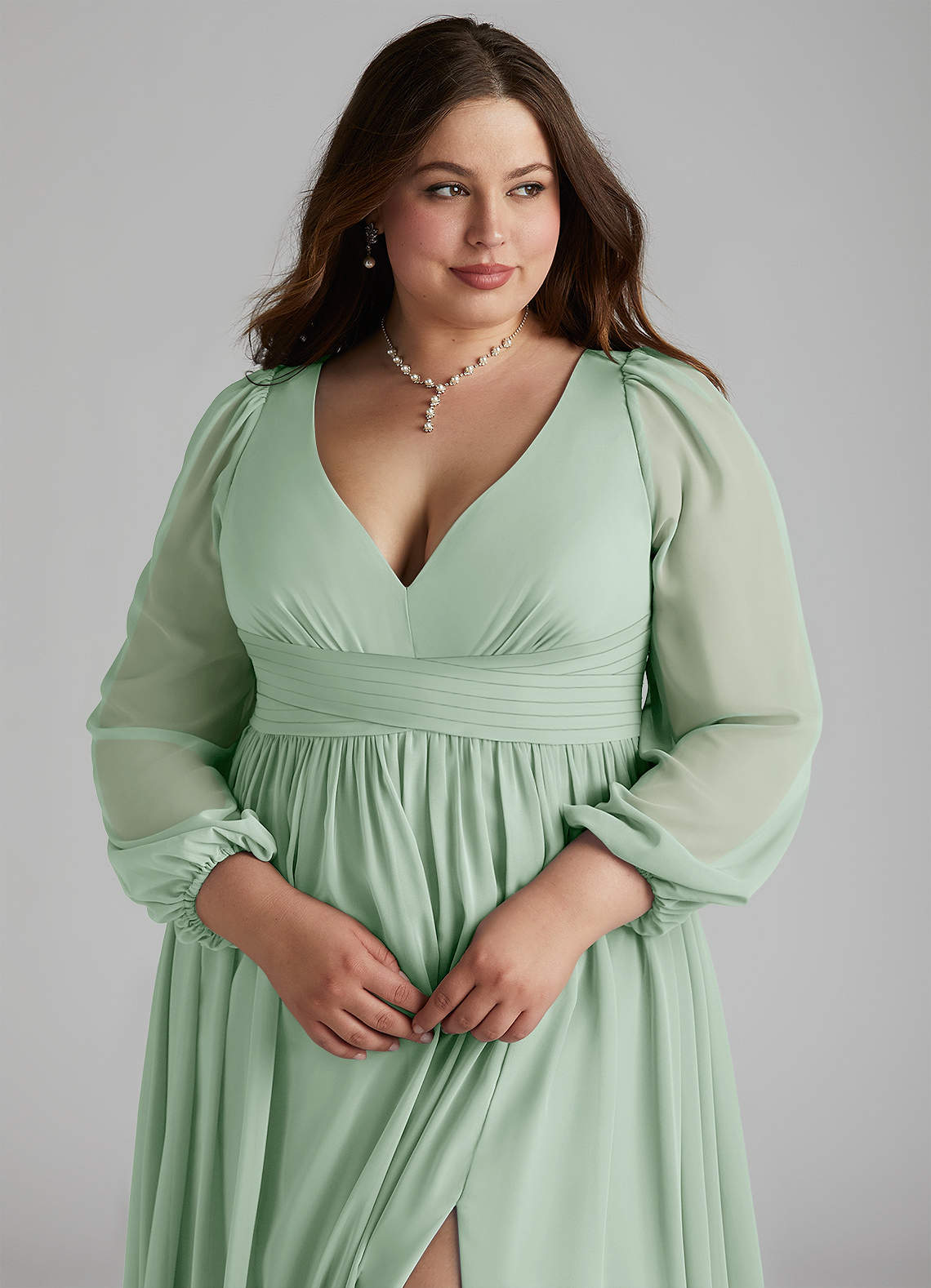 Azazie Norah Bridesmaid Dresses Agave A-Line V-Neck Long Sleeve Chiffon Dress image9