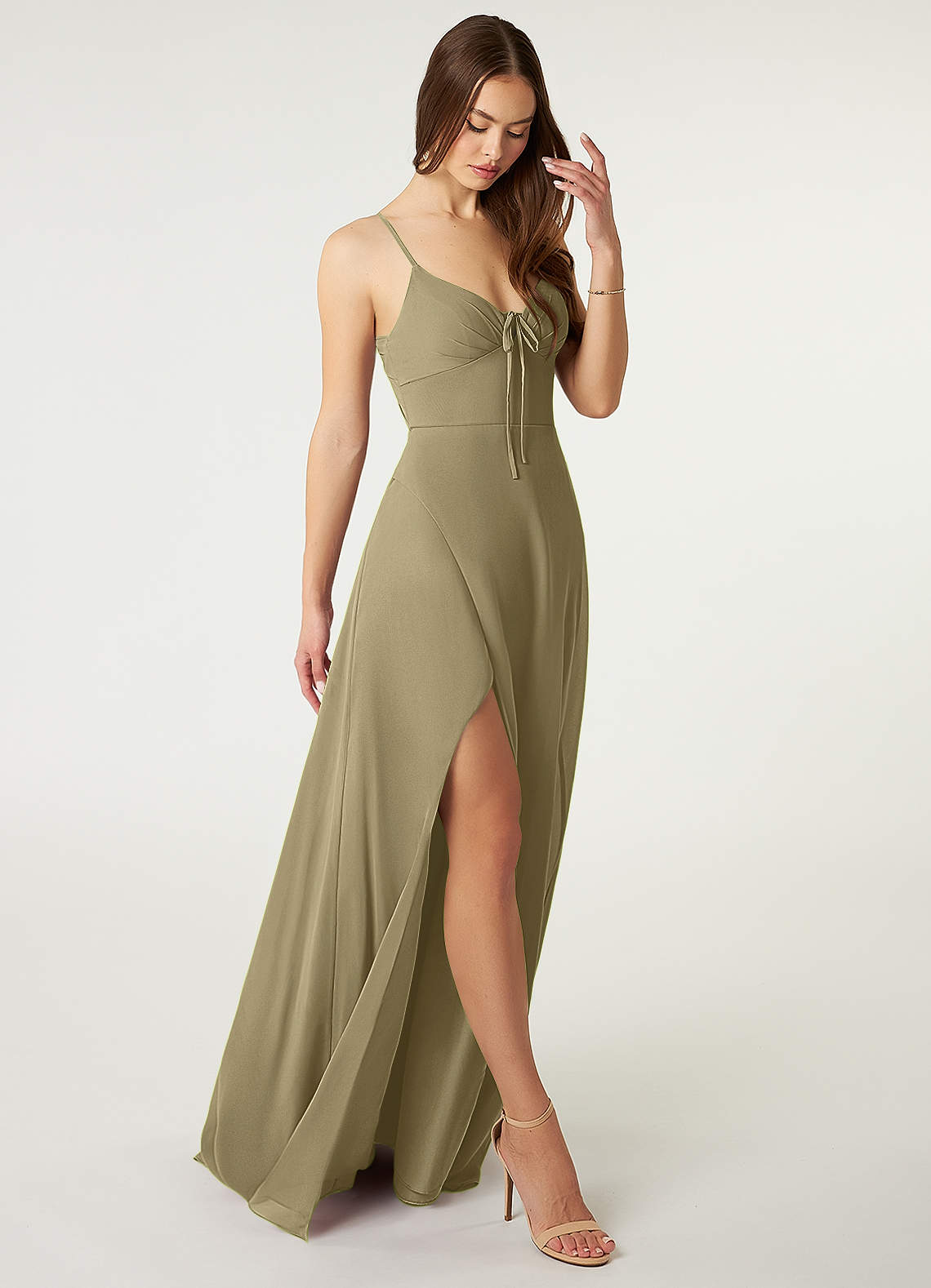 Azazie Minie Abiti da Damigella Abito A-Line in Chiffon Fiocco Verde Muschio image1