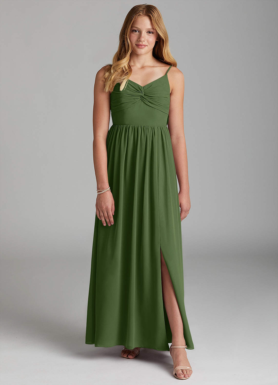 Azazie A-Line/Princess V-Neck Floor-Length Chiffon Junior Bridesmaid Dresses - Olive