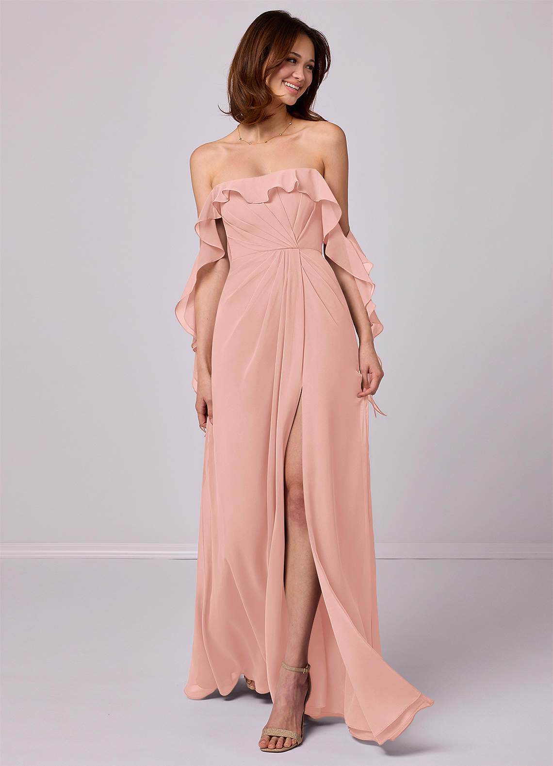 Barbie ♥ Azazie Brautjungfernkleider Wandelbar A-Linie Schulterfrei Chiffon Kleid Rosettenrosa image1