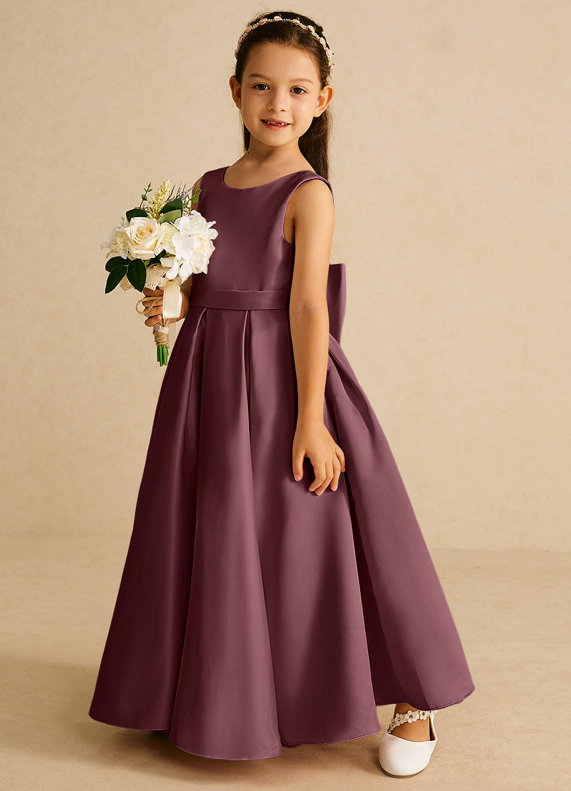Azazie Pipsy Flower Girl Dresses Sangria A-Line Bow Matte Satin Dress image1