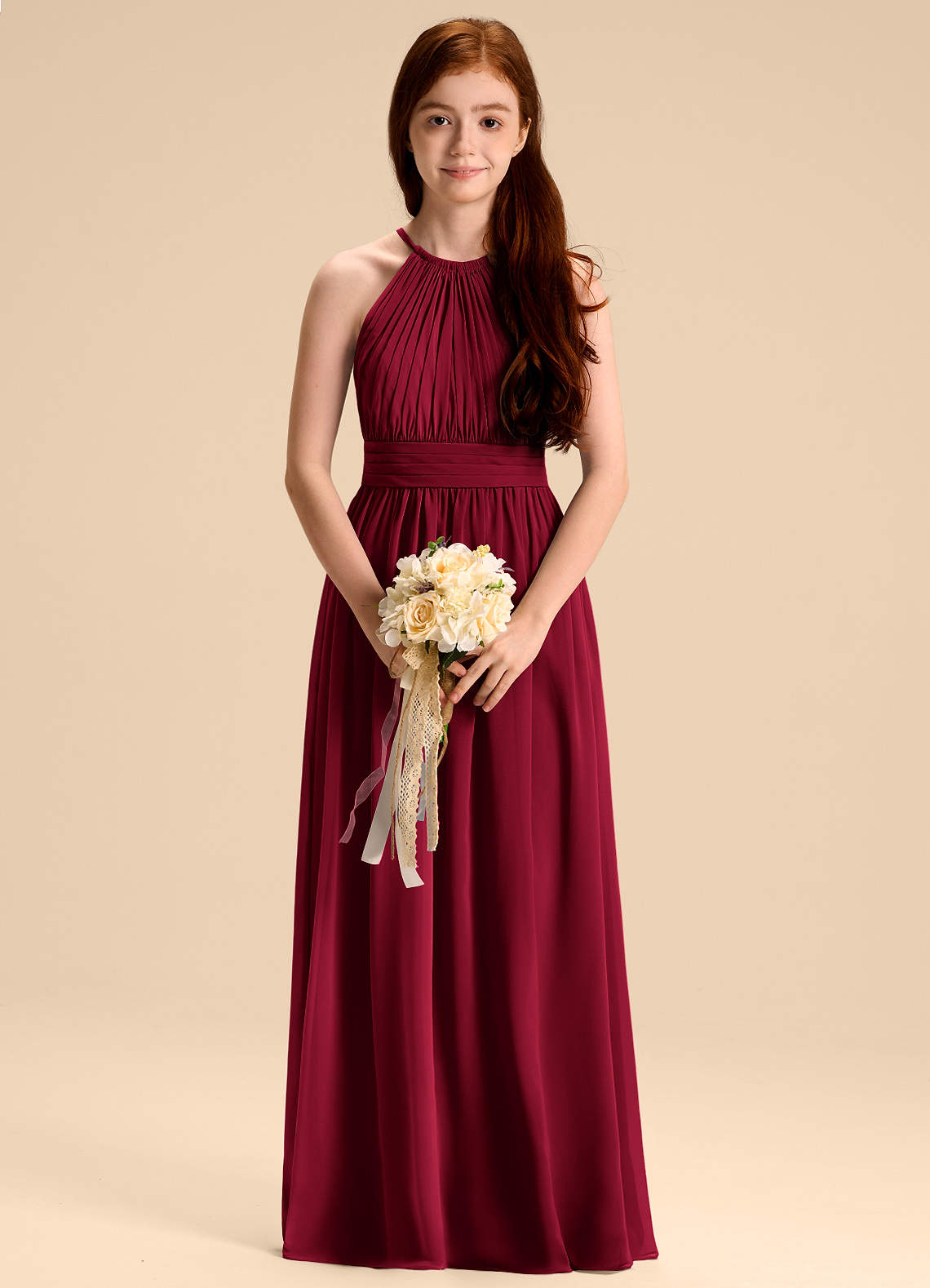 Azazie Malone Junior Burgundy A-Line Pleated Chiffon Dress image1