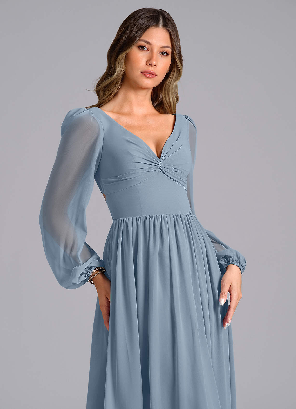 Azazie Zeya Bridesmaid Dresses Dusty Blue A-Line Long Sleeve Chiffon Dress image4
