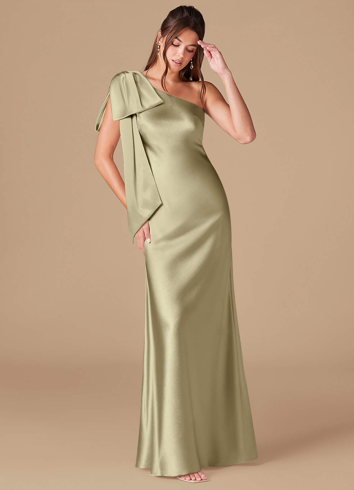 Azazie Capri Bridesmaid Dresses Moss Green Sheath One Shoulder Metallic Satin Dress image1