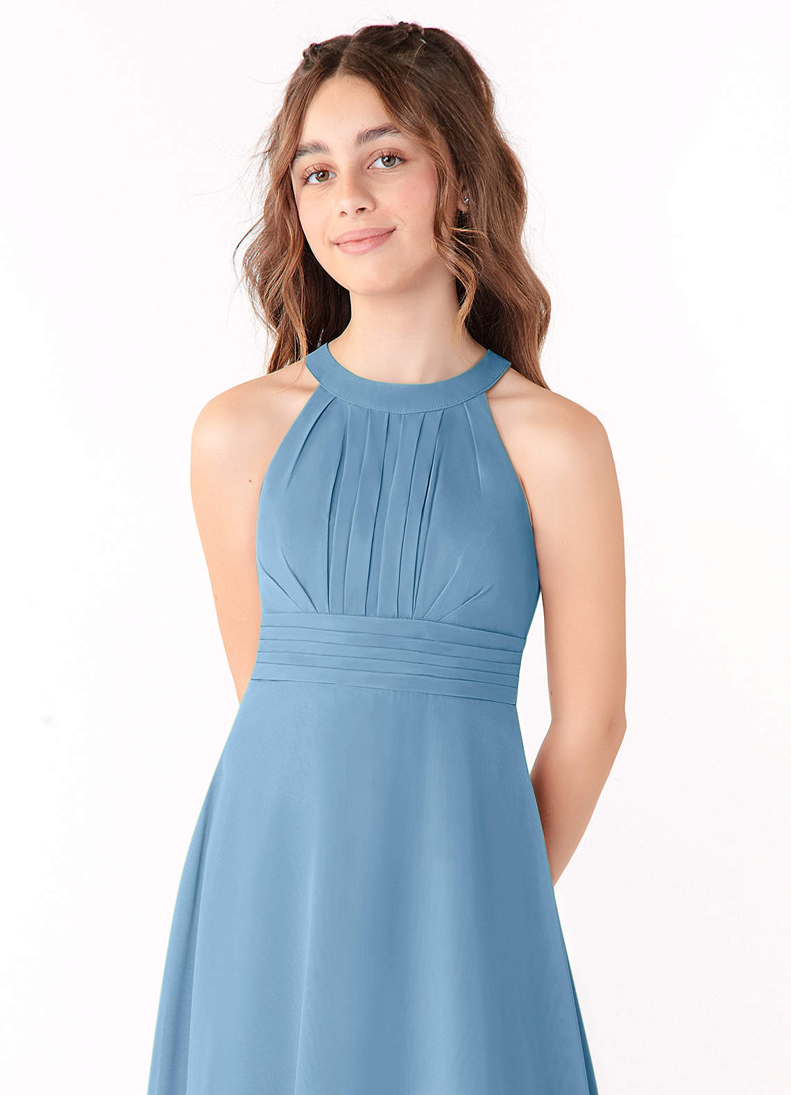 Azazie Linna Junior Vestido de Azul Acero de Gasa de Corte En A con Plisado image3