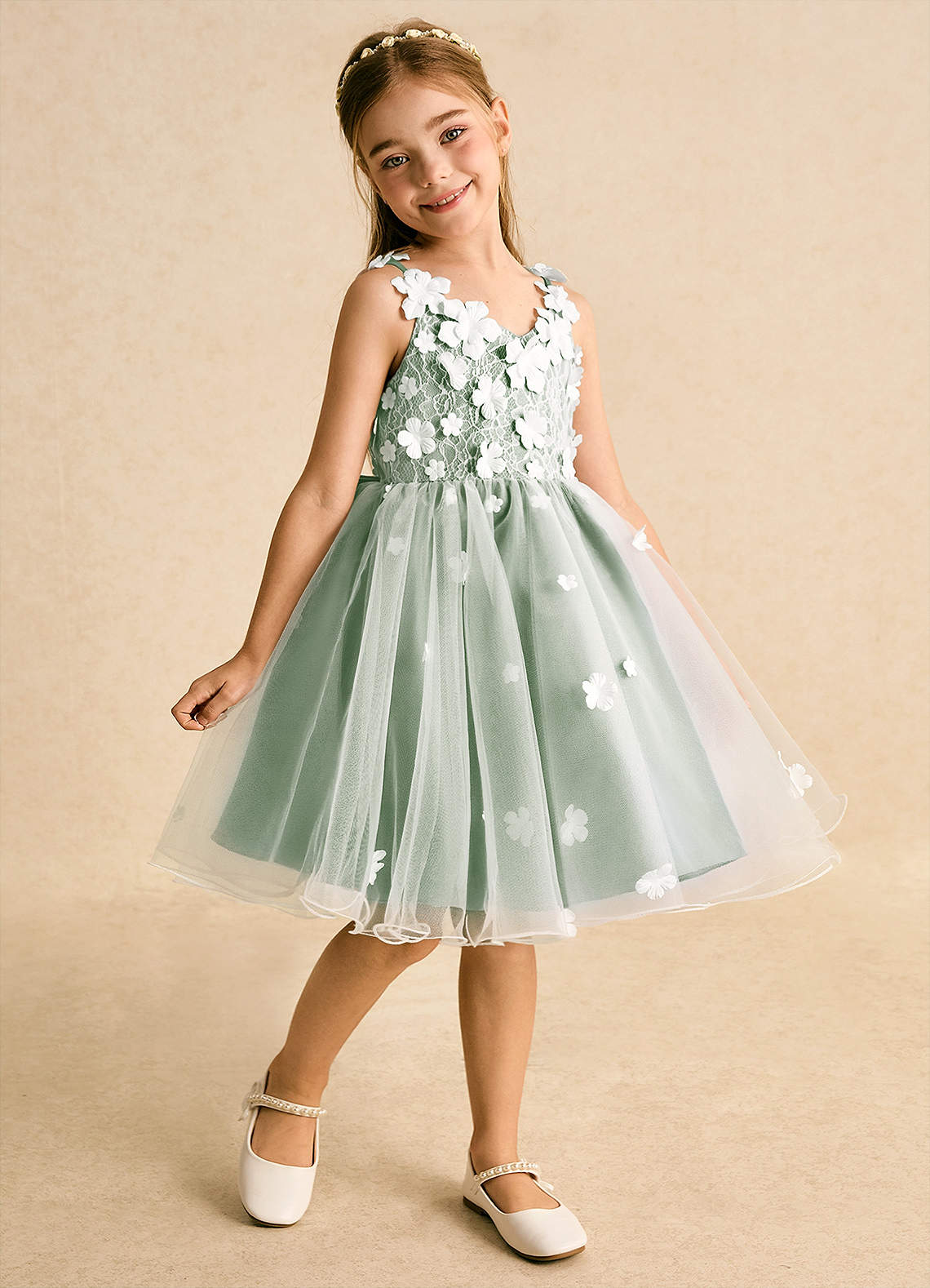 Azazie Junebug Flower Girl Dresses Ivory Matcha Ball-Gown Lace Tulle Dress image1
