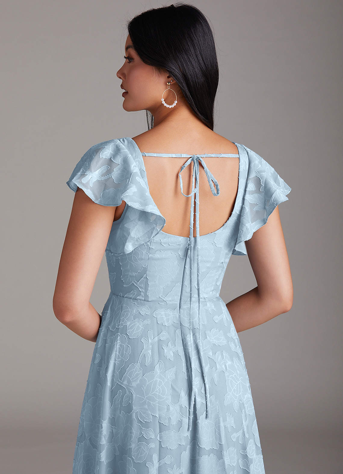 Azazie In-Stock Bridesmaid Dresses A-Line Square Neck Floor-Length Floral Burnout - Sky Blue