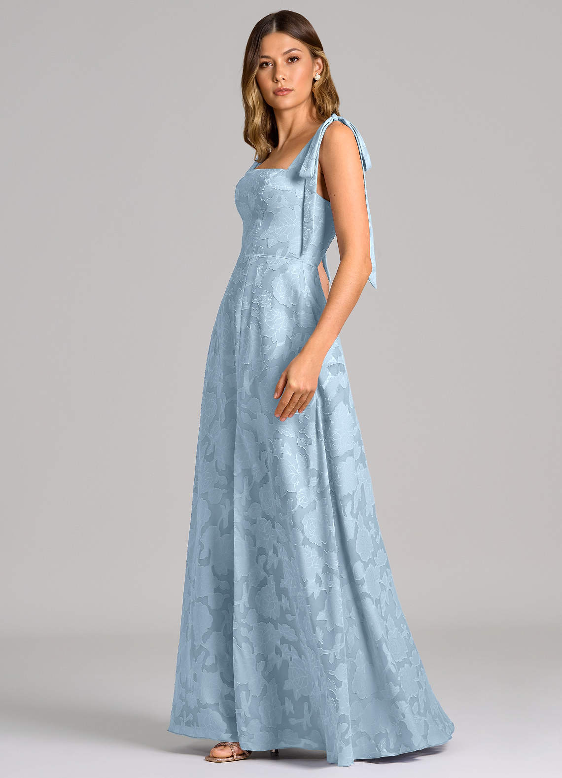 Azazie Debra Vestidos de madrinha de casamento Vestido Céu Azul de Esgotamento Floral de Linha A com com bolsos image2