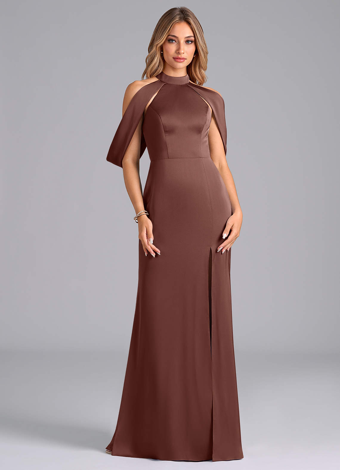 Azazie Bonny Bridesmaid Dresses Espresso Mermaid Off the Shoulder Stretch Satin Dress image1