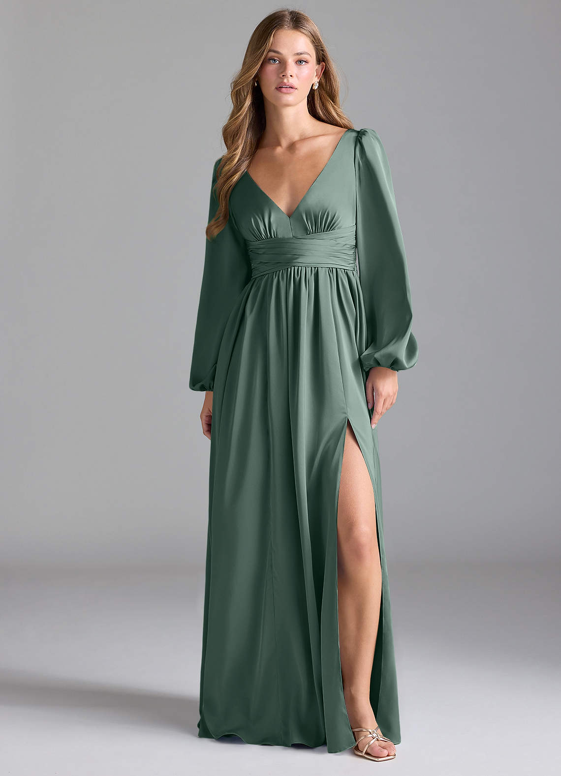 Azazie Norah Bridesmaid Dresses Sea Moss A-Line Stretch Satin Dress image1