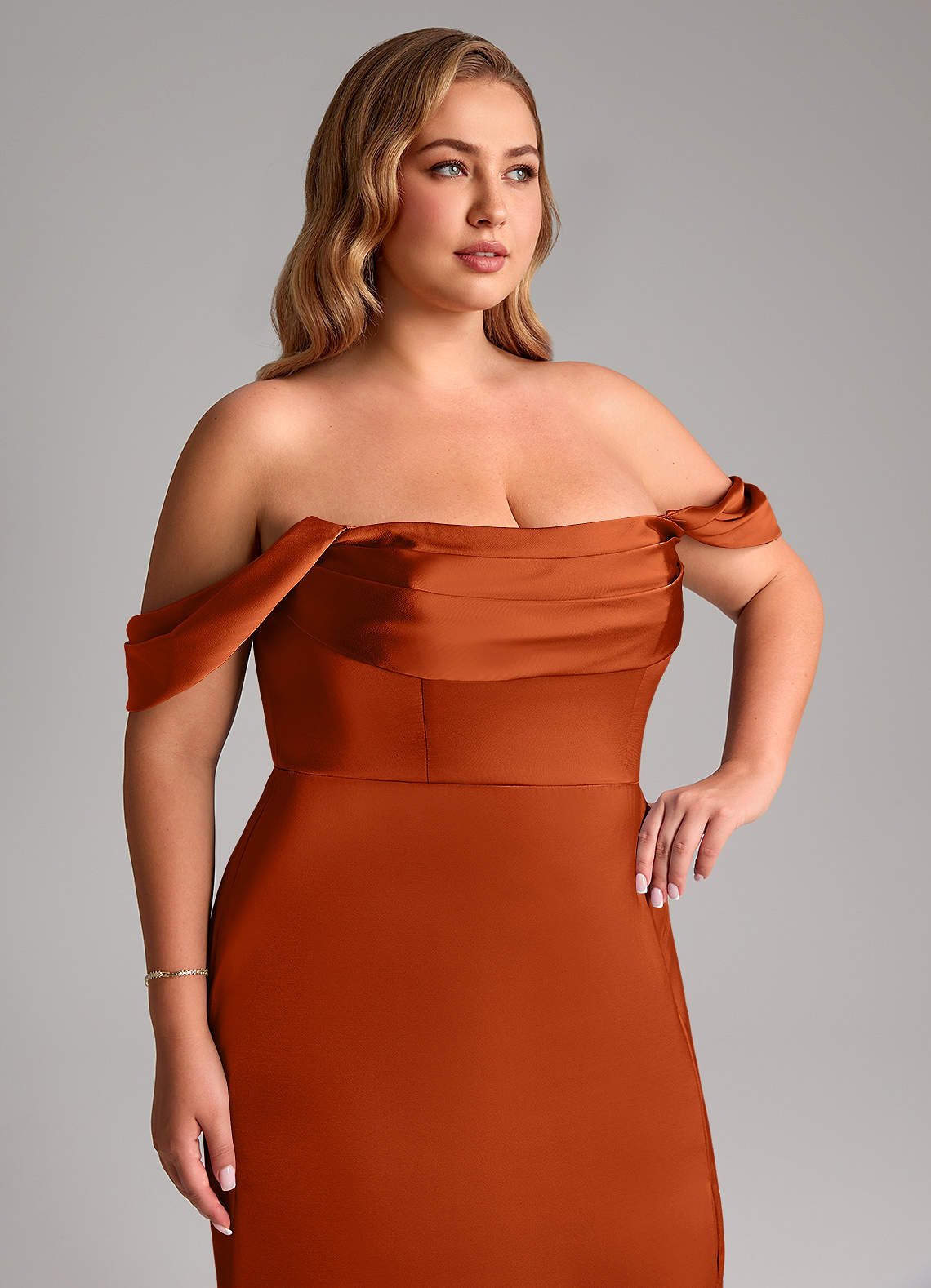 Azazie Saige Bridesmaid Dresses Burnt Orange Sheath Off the Shoulder Stretch Satin Dress image13