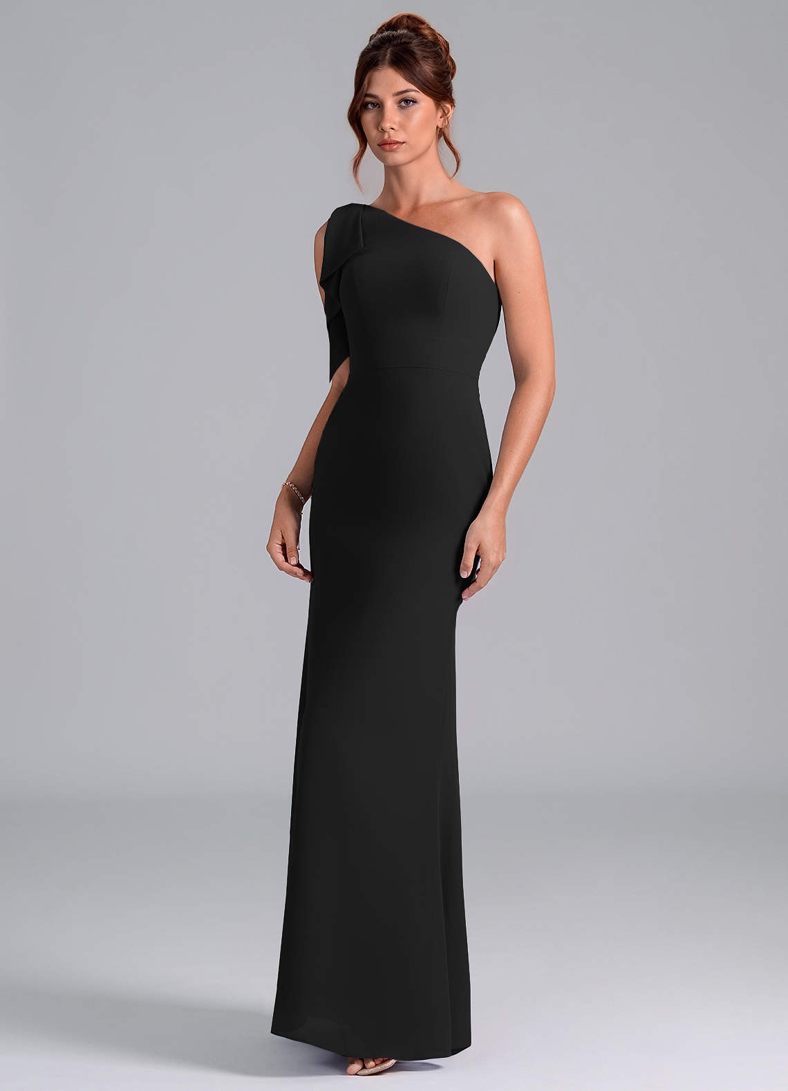 Azazie Rinna Bridesmaid Dresses Black Mermaid One Shoulder Chiffon Dress image2