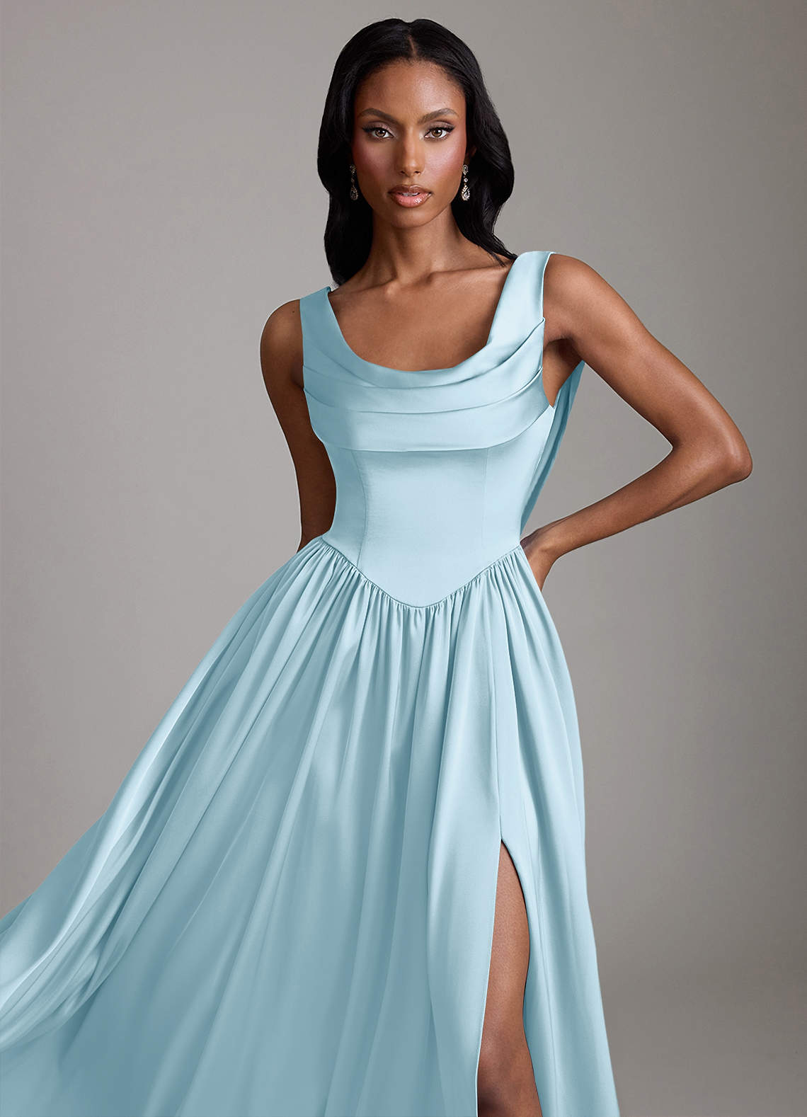 Azazie Novi At-home Try On Dresses Sky Blue A-Line with Pockets Stretch Satin Dress image2