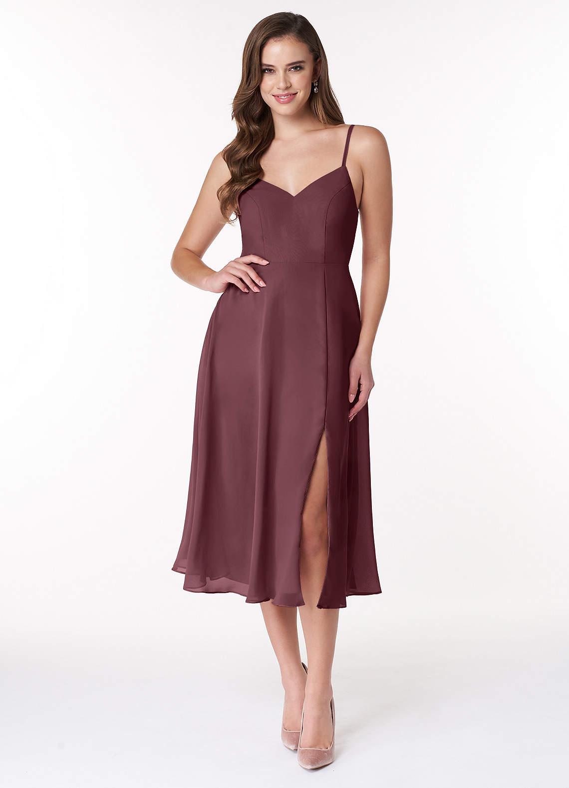 Azazie Clarissa Bridesmaid Dresses Sangria A-Line V-Neck Chiffon Dress image1
