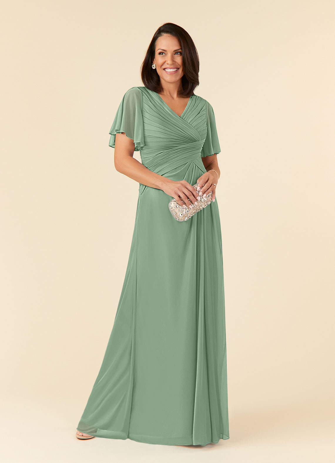 Azazie Emmeline Mother of the Bride Dresses Matcha A-Line V-Neck Pleated Mesh Dress image1