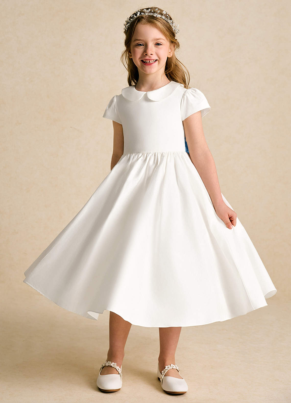 Azazie Deary Flower Girl Dresses Ivory Steel Blue A-Line Bow Cotton Dress image5