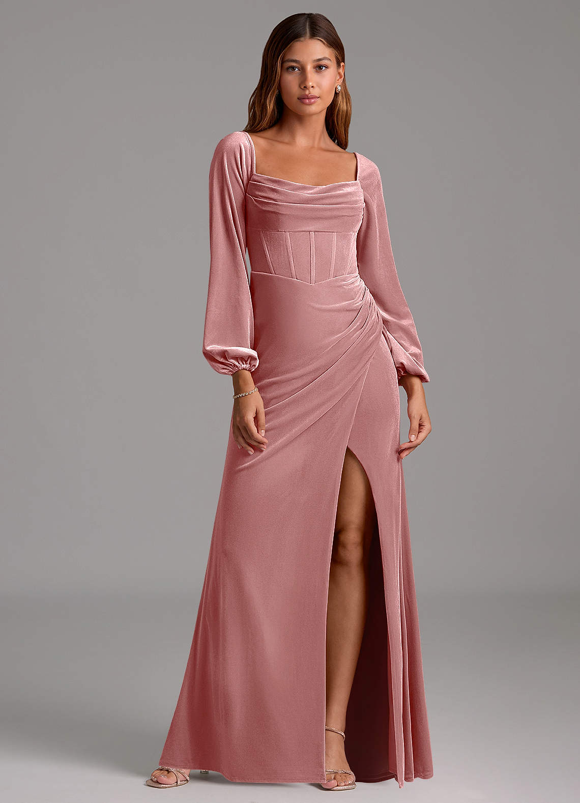 Azazie Charissa Bridesmaid Dresses Dusty Rose Sheath Long Sleeve Velvet Dress image1