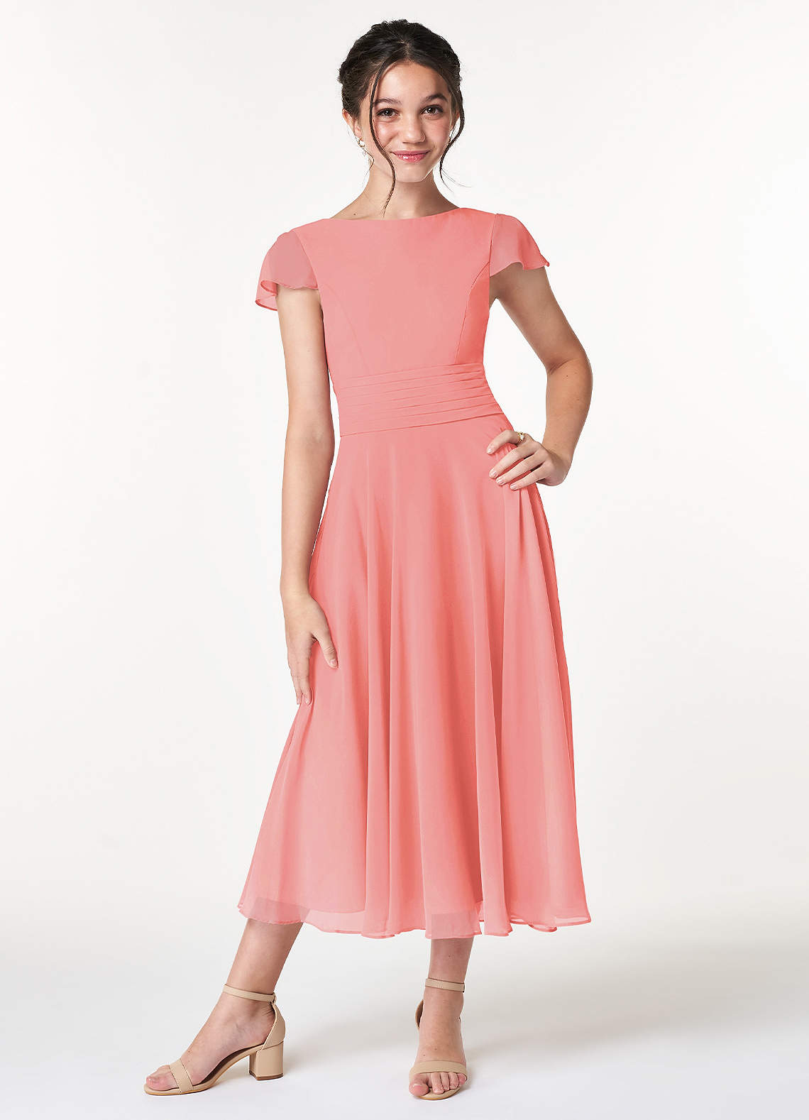 coral chiffon tea length dress Mother Of The Bride Coral Dresses A Line Chiffon V Neck Ruffle Sleeves Appliques Waist High Low Mother Of The Bride Dresses