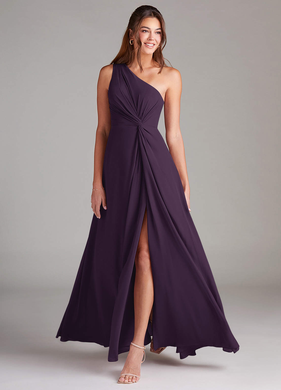 Azazie Brooke Bridesmaid Dresses Plum A-Line One Shoulder Chiffon Dress image2