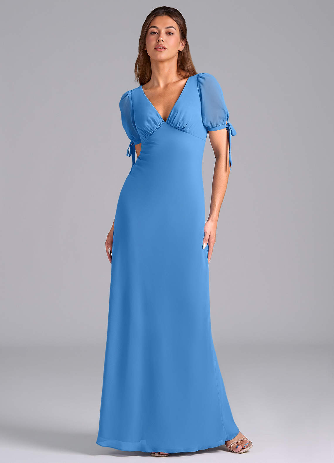 Azazie Pheby Robes de demoiselle d'honneur Robe Trapèze en Mousseline de soie Plissée Geai Bleu image1