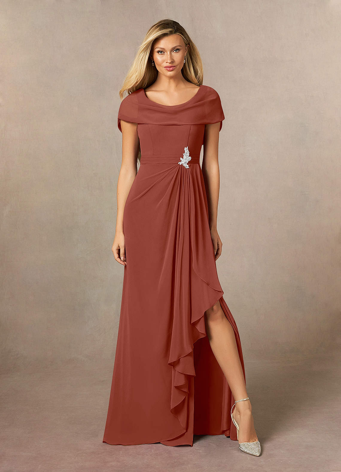 Azazie Mary Mother of the Bride Dresses Auburn A-Line Side Slit Chiffon Dress image1