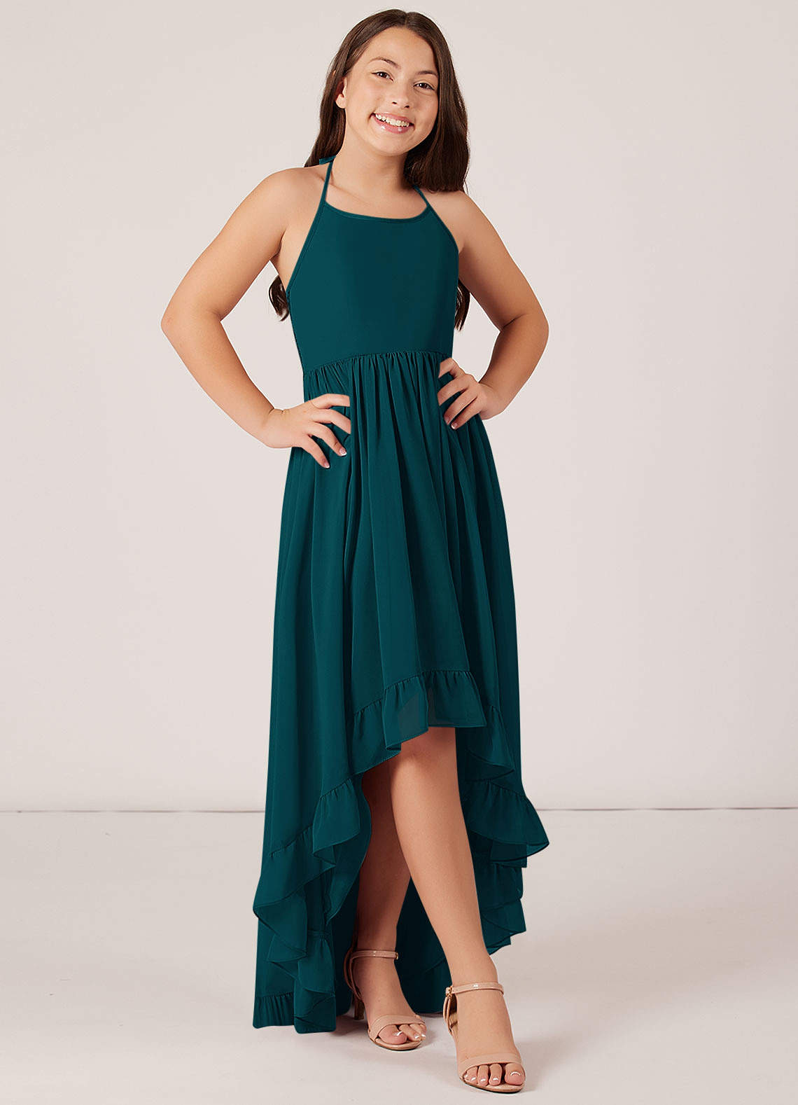 Azazie Sarafina Junior Robe Trapèze en Mousseline de soie Dentelle Vert Pin image1
