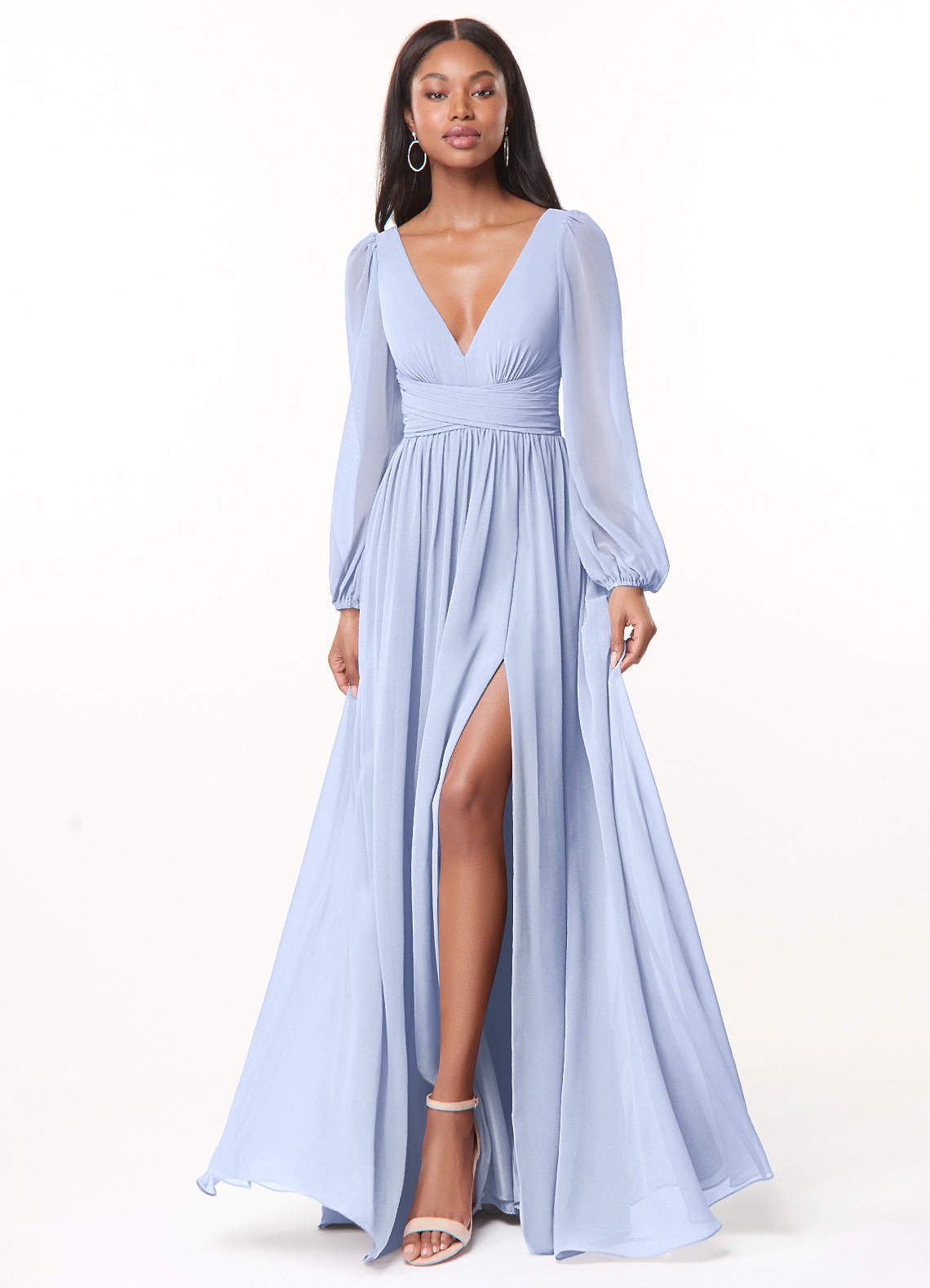 Azazie A-Line V-Neck Long Sleeve Floor-Length Chiffon Bridesmaid Dresses - ice
