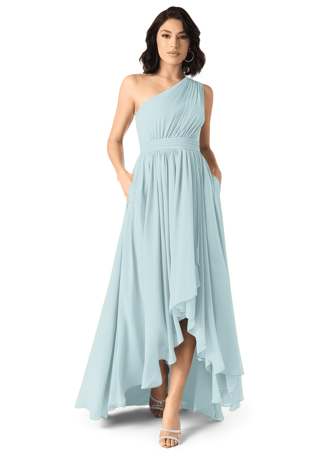 Azazie Mathilda Bridesmaid Dresses Mist A-Line One Shoulder Chiffon Dress image1