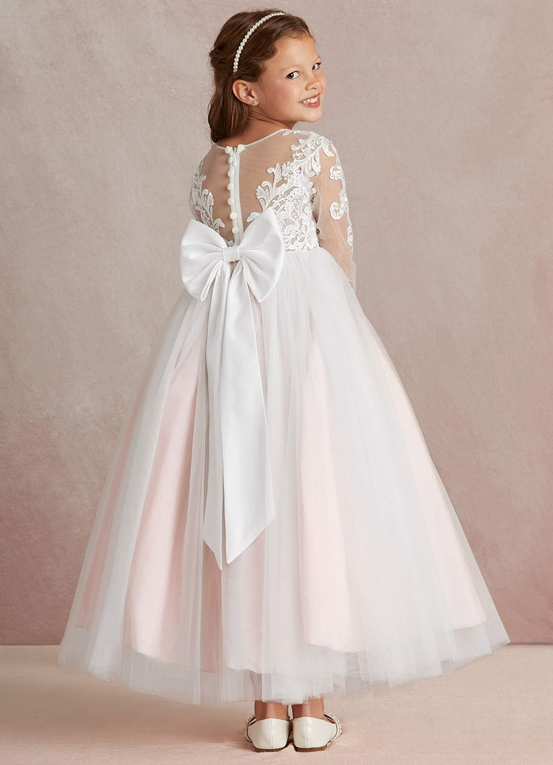 Azazie Elodie Robe Demoiselle D'honneur Fillette Robe Princesse en Dentelle Ivoire Rose Rougissant image3