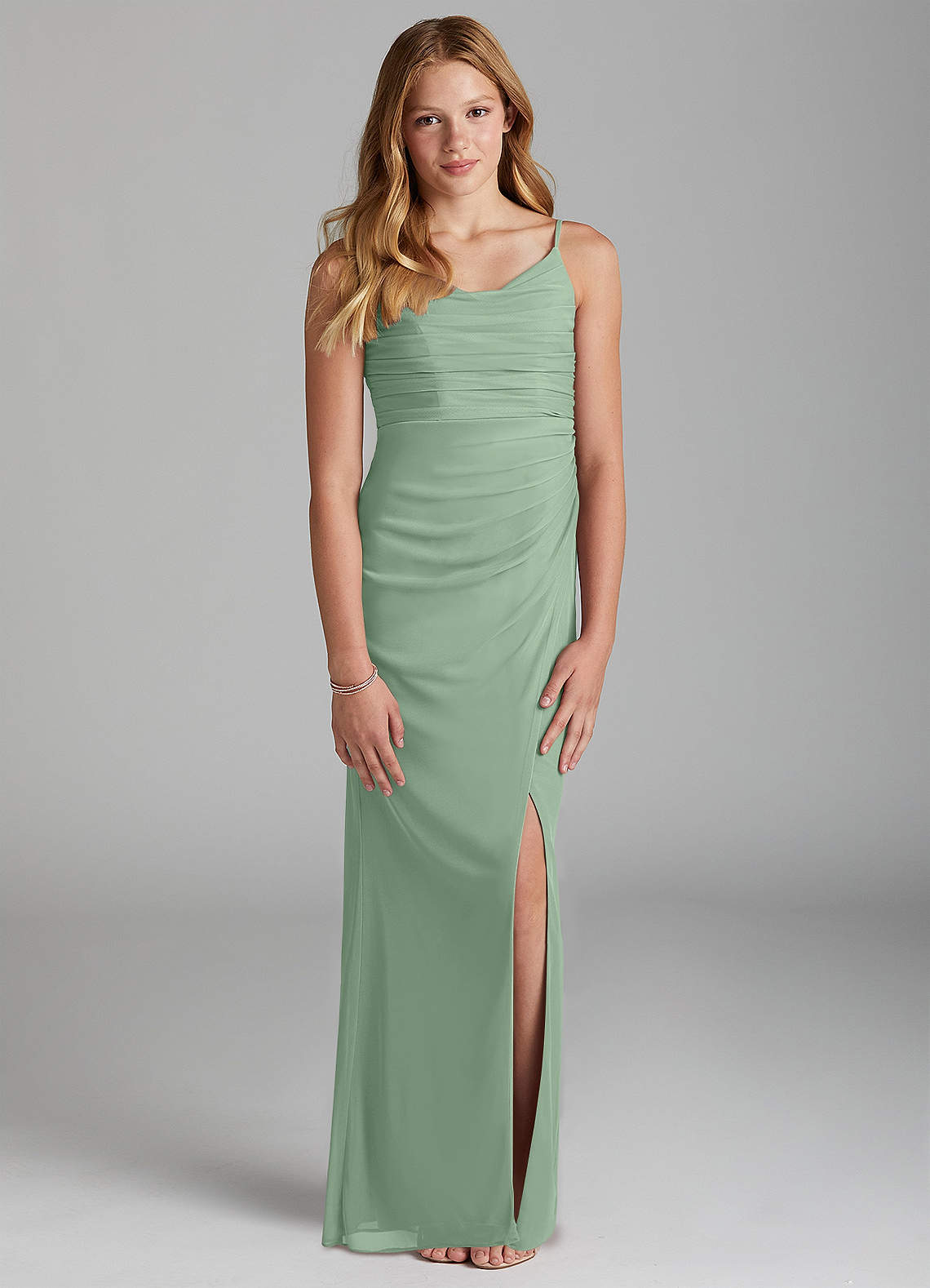 Azazie Deandra Junior Eucalyptus Sheath Mesh Dress image1