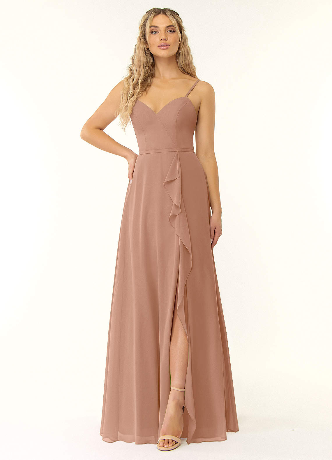 Azazie Naeem Robes de demoiselle d'honneur Robe Trapèze en Mousseline de soie Col V à volants Champagne Rosé image1